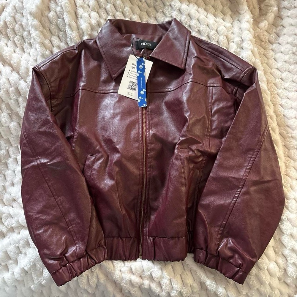 Cider Burgundy Faux Leather Zip-Up Jacket